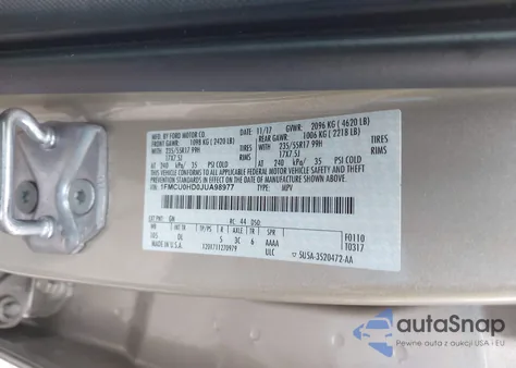 2018 Ford Escape Sel z USA, uszkodzony, nr VIN 1FMCU0HD0JUA98977